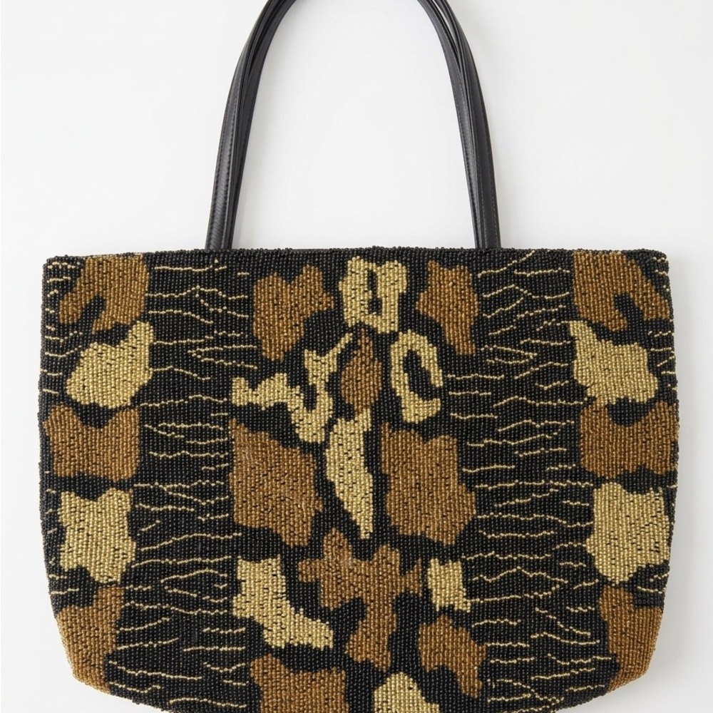 Vintage Christiana Beaded Leopard-Print Tote Bag in Black and Brown